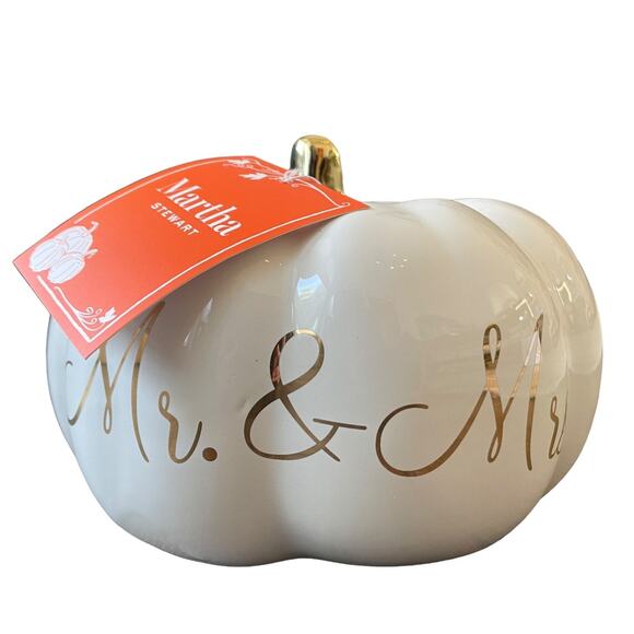 Martha Stewart MR. & MRS. Ceramic Pumpkin White Gold Stem Small Fall Decor NEW - Picture 2 of 10